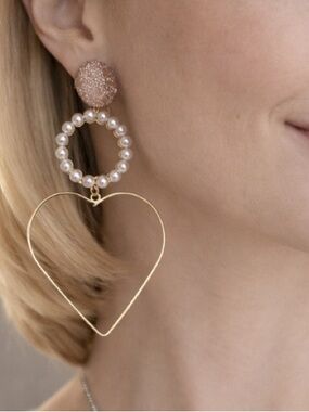 Gold Heart Drop Earrings with Pearl Hoop - Women Jewelry